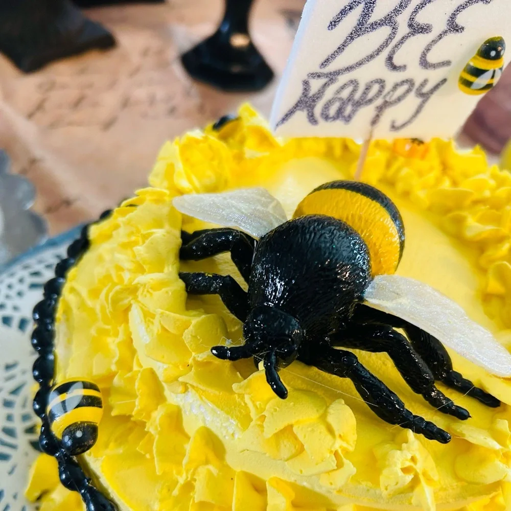 Faux bee happy cake. Yellow and Black Bee Cake Toppers for Parties